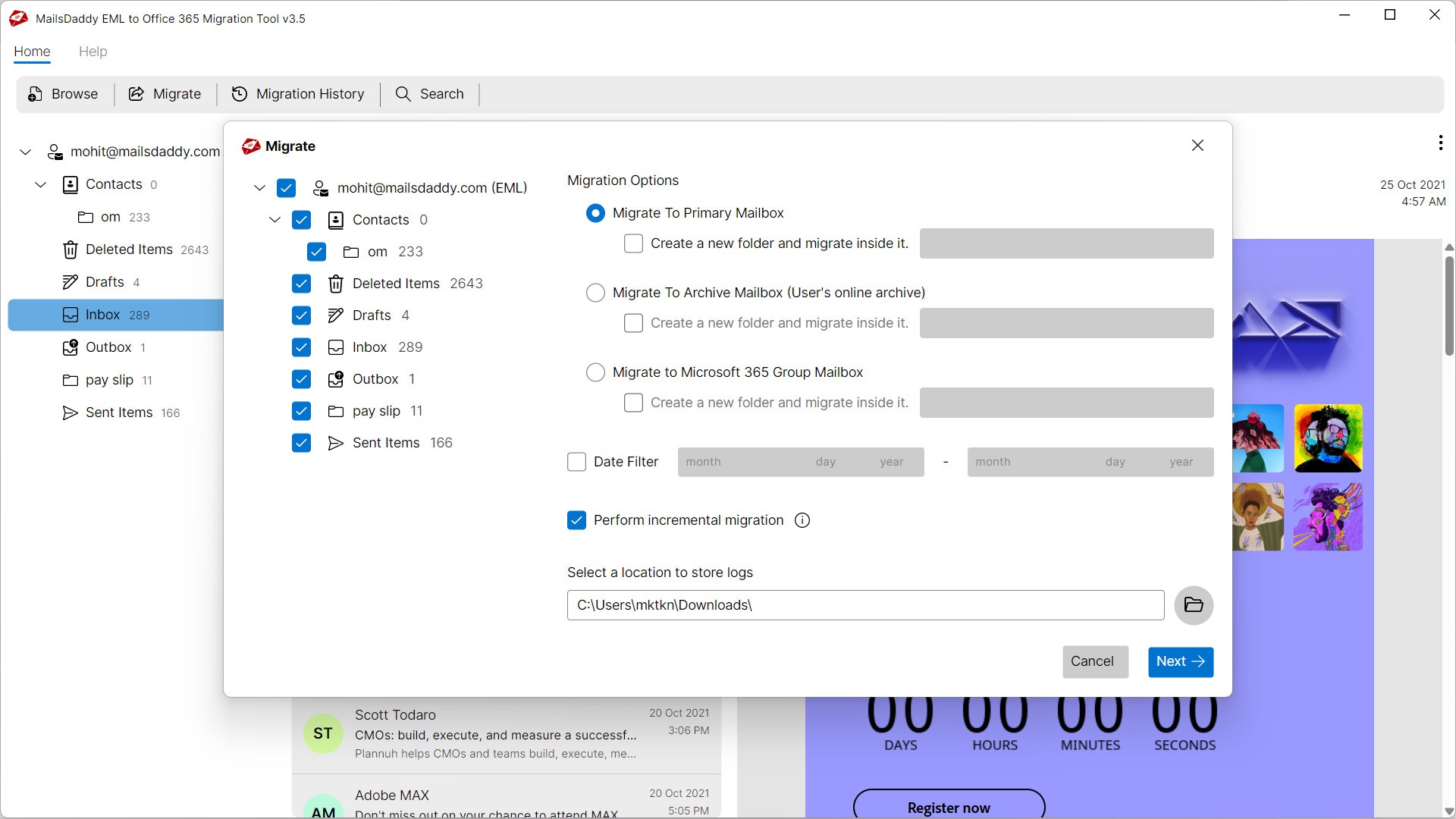 Step 03: Select export options — MailsDaddy EML to Office 365 Migration