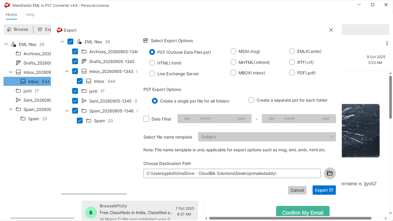 Step 03: Select export options — MailsDaddy Windows Live Mail to Outlook