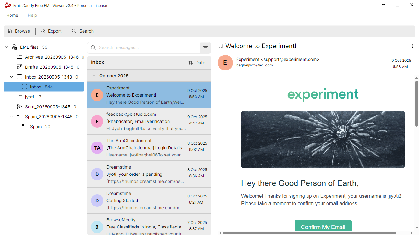 Step 02: Load & preview file data — MailsDaddy Free EML Viewer