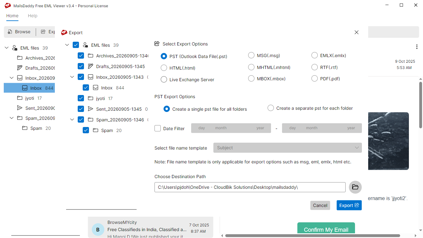Step 03: Select the export options — MailsDaddy Free EML Viewer
