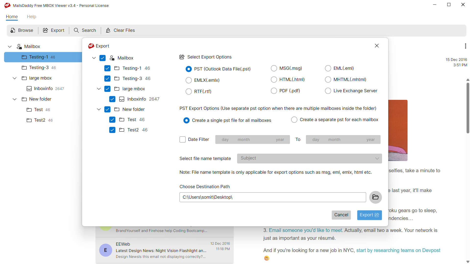 Step 03: Select the export options — MailsDaddy Free MBOX Viewer