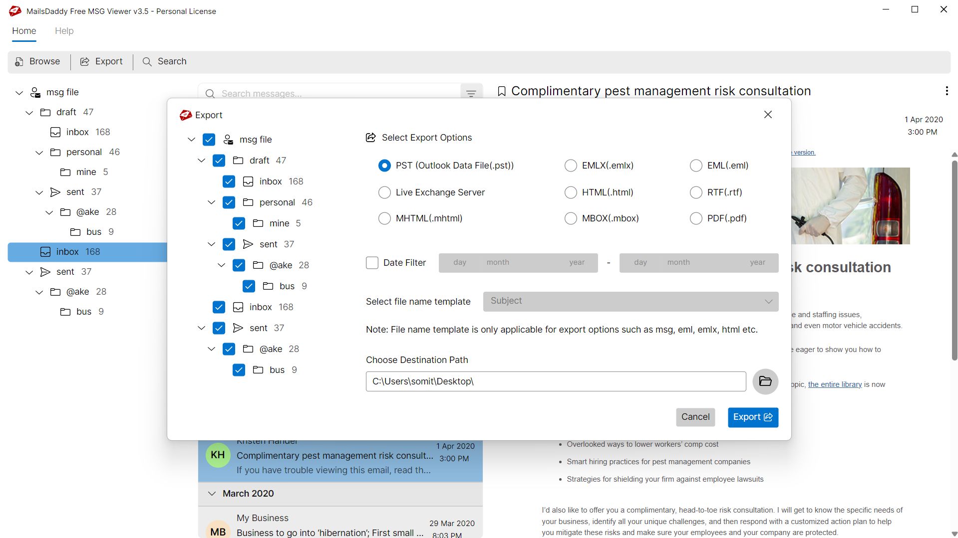 Step 03: Select the export options — MailsDaddy Free MSG Viewer
