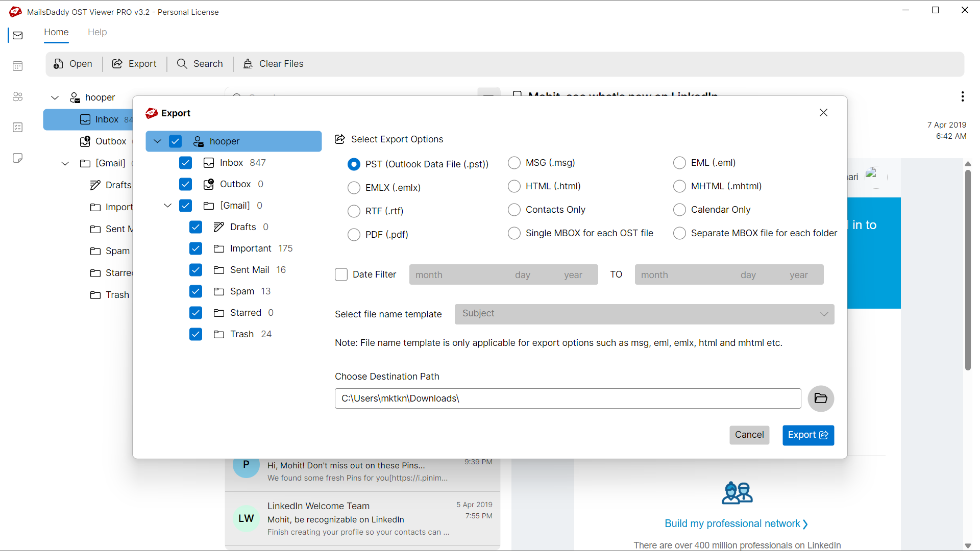 Step 03: Select the export options — MailsDaddy Free OST Viewer