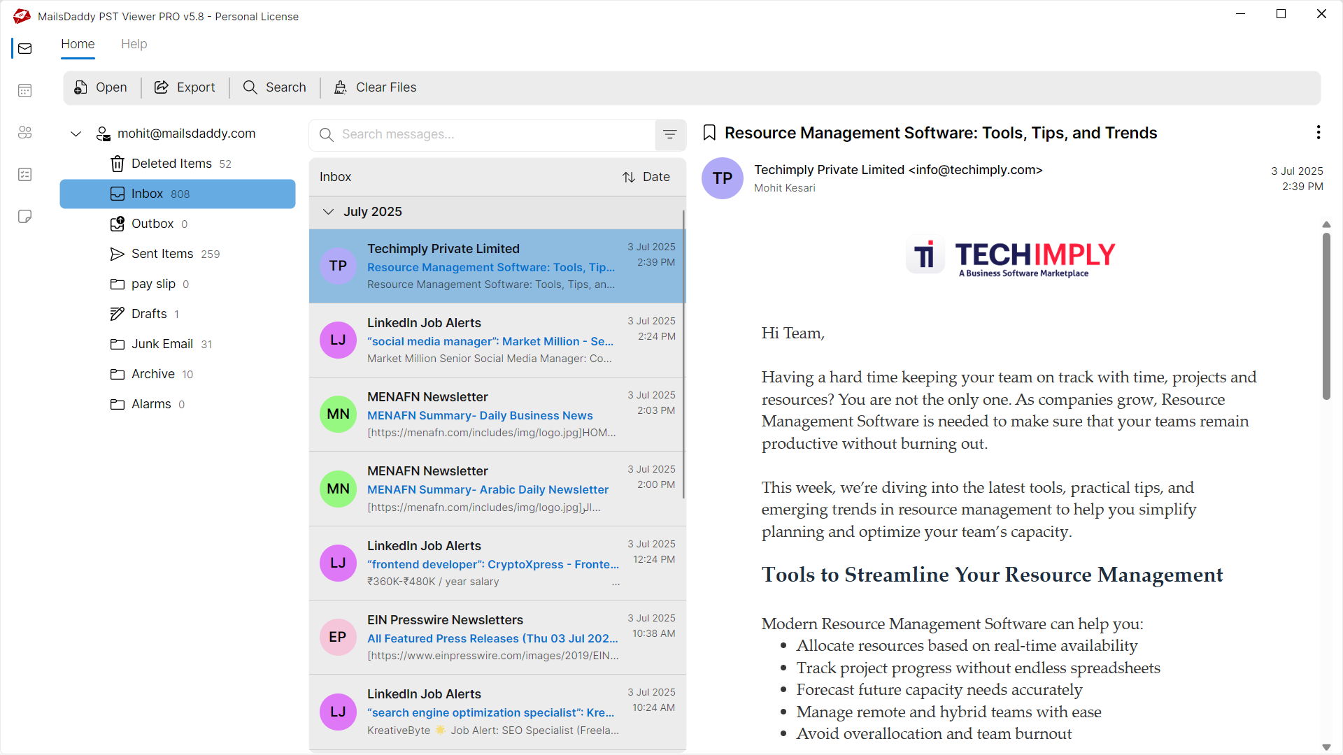 Step 02: Load & preview file data — MailsDaddy Free PST Viewer