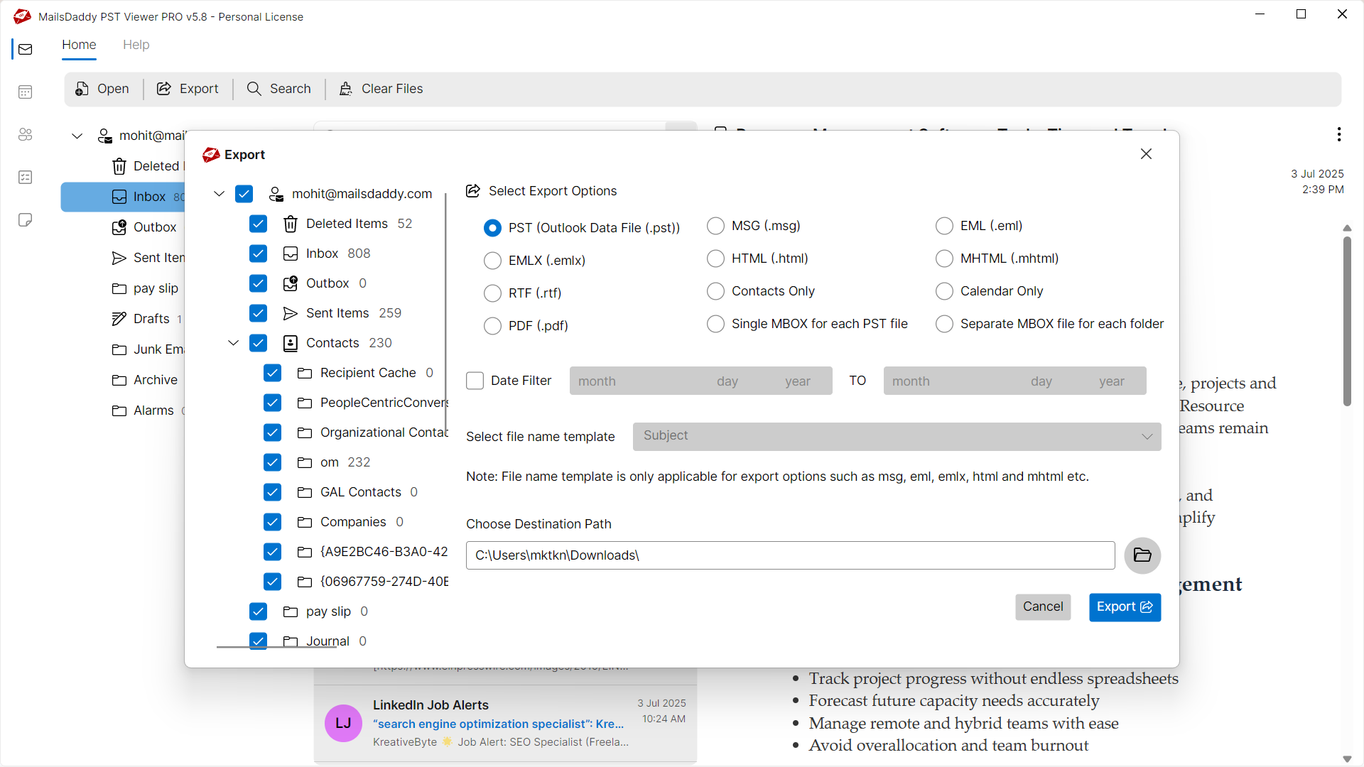 Step 03: Select the export options — MailsDaddy Free PST Viewer