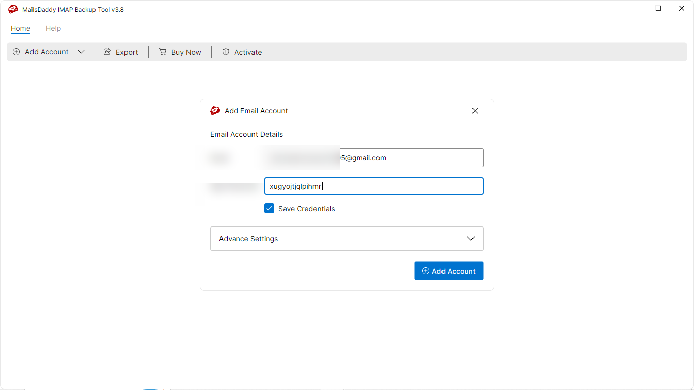 Step 02: Login Using IMAP Credentials — MailsDaddy Gmail Backup Tool