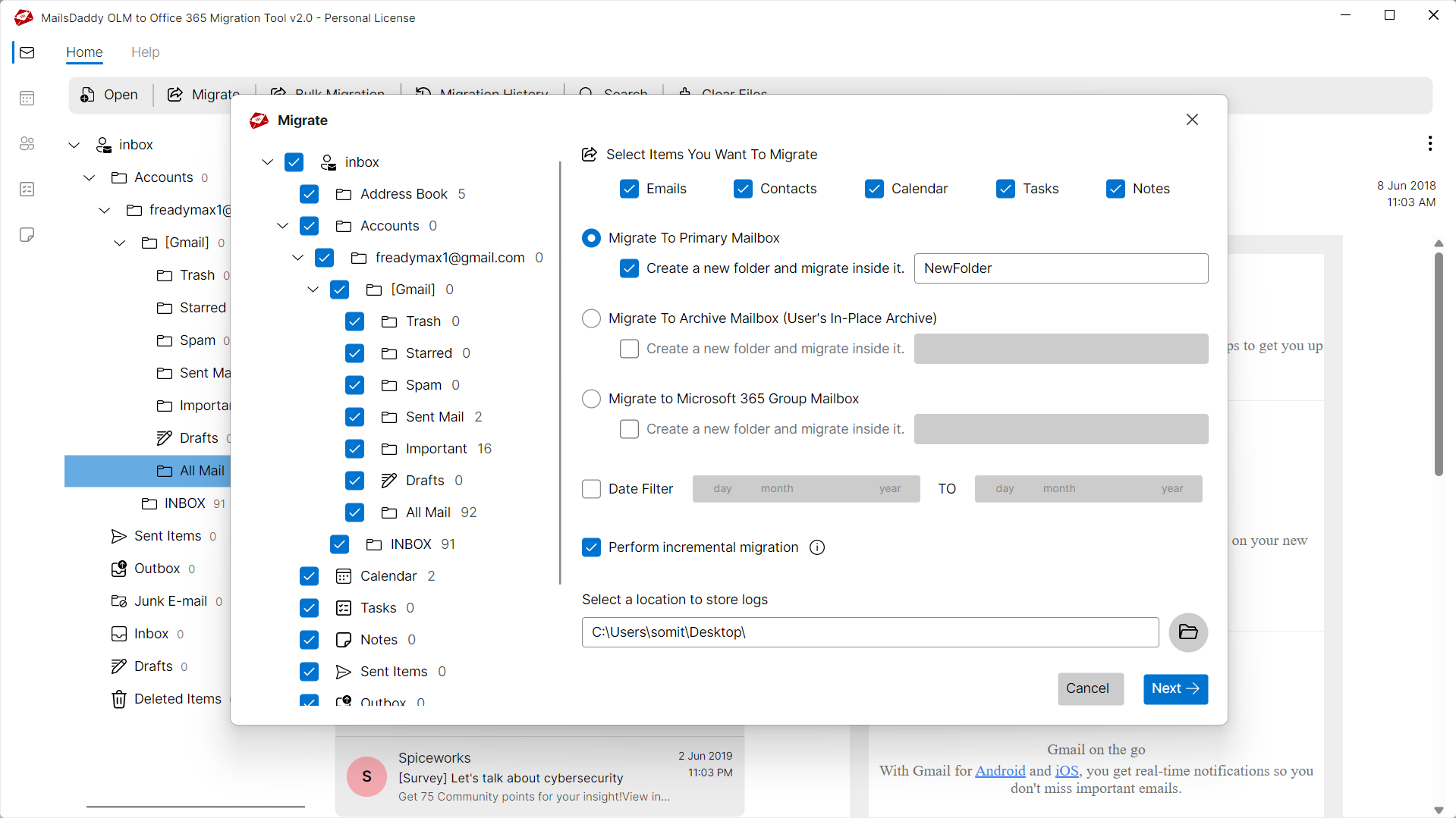 Step 03: Select export options — MailsDaddy OLM to Office 365 Migration