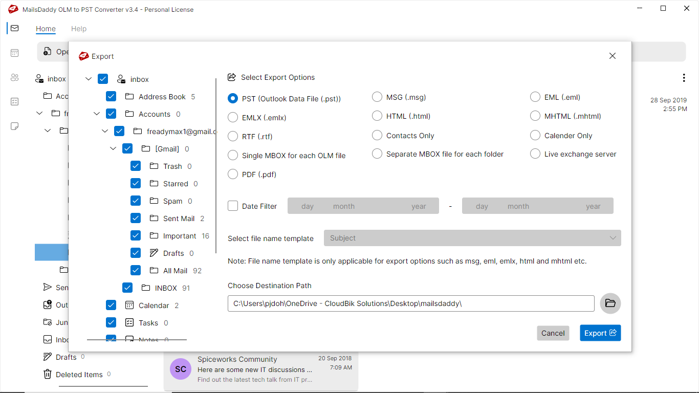 Step 03: Select export options — MailsDaddy OLM to PST Converter