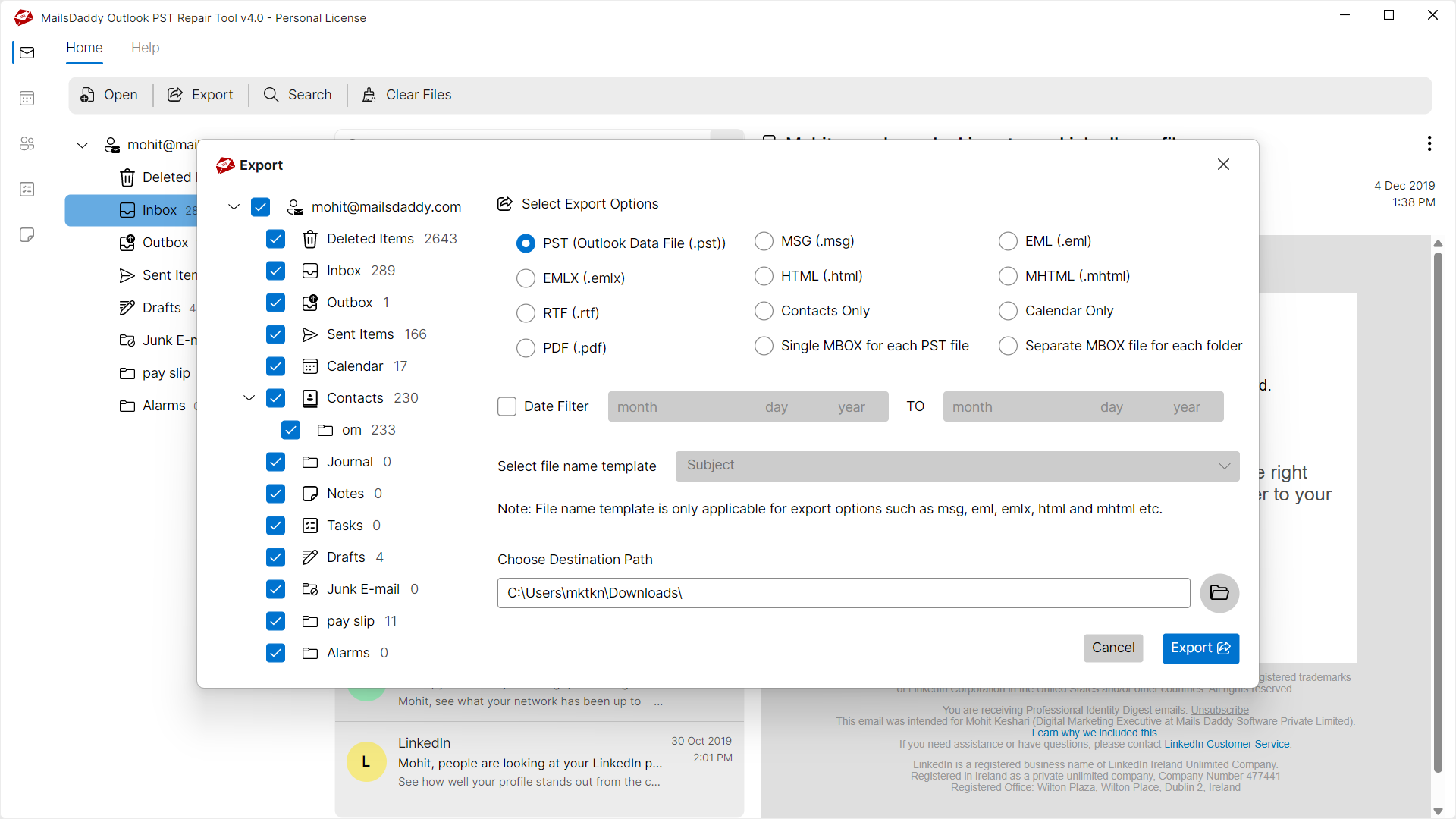 Step 03: Select export options — MailsDaddy Outlook PST Repair