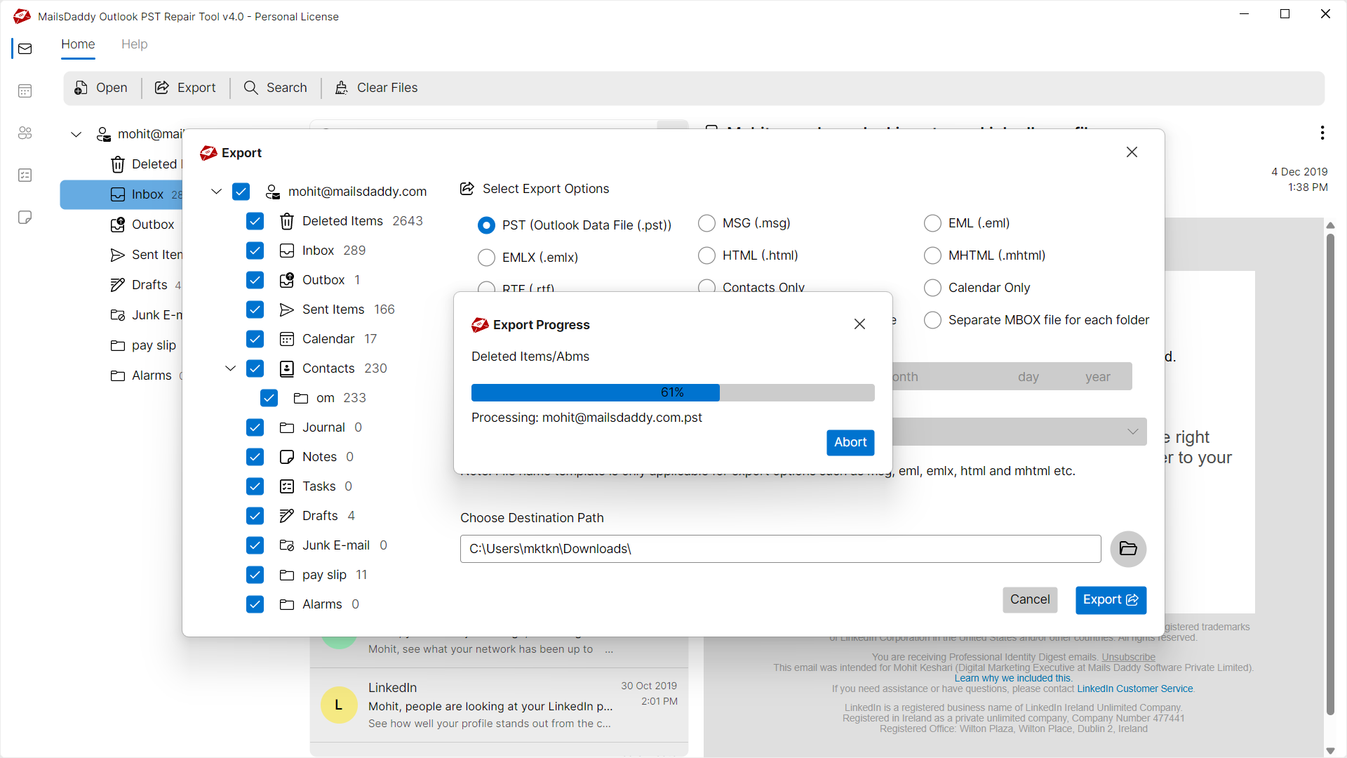 Step 04: Start the export — MailsDaddy Outlook PST Repair