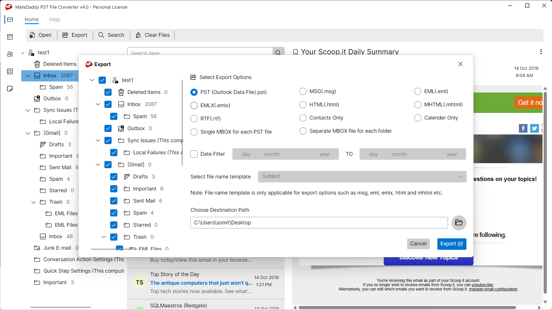 Step 03: Select export options — MailsDaddy PST File Converter