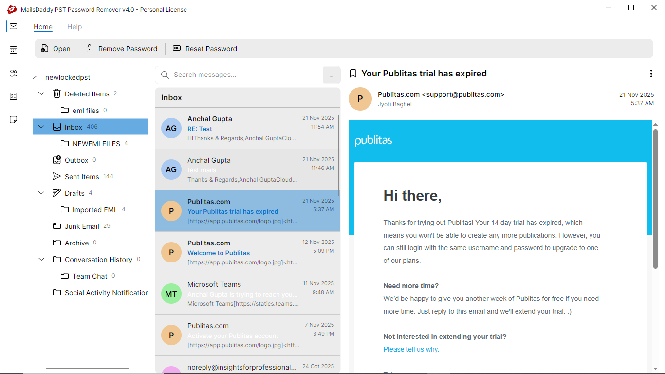 Step 02: Preview PST file data — MailsDaddy PST Password Remover