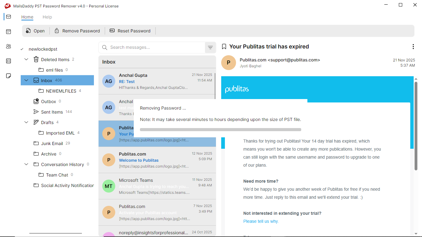 Step 03: Click the remove password button — MailsDaddy PST Password Remover