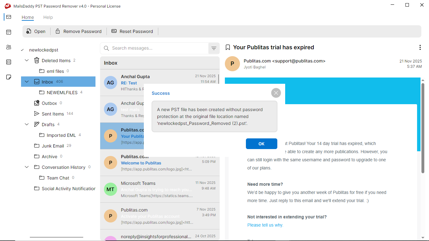 Step 04: Wait for the success message — MailsDaddy PST Password Remover