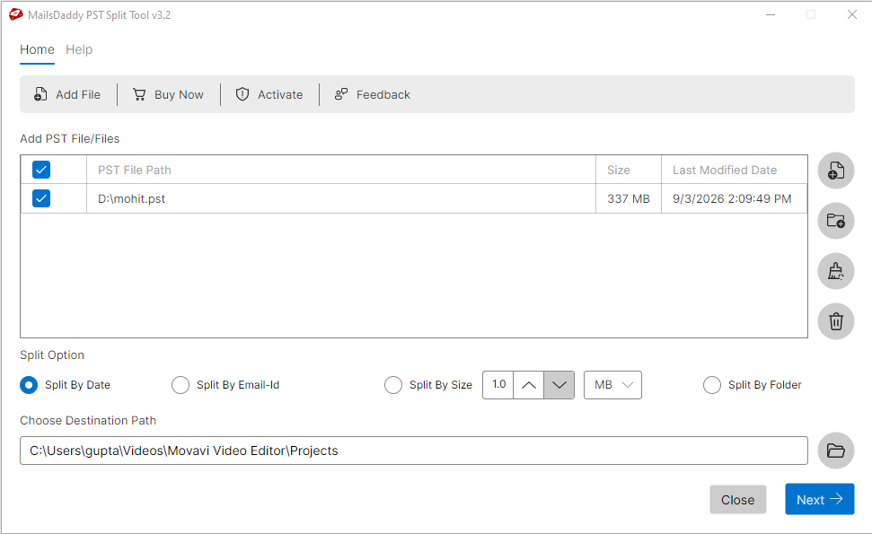 Step 02: Select Split Option & Criteria — MailsDaddy PST Split Tool
