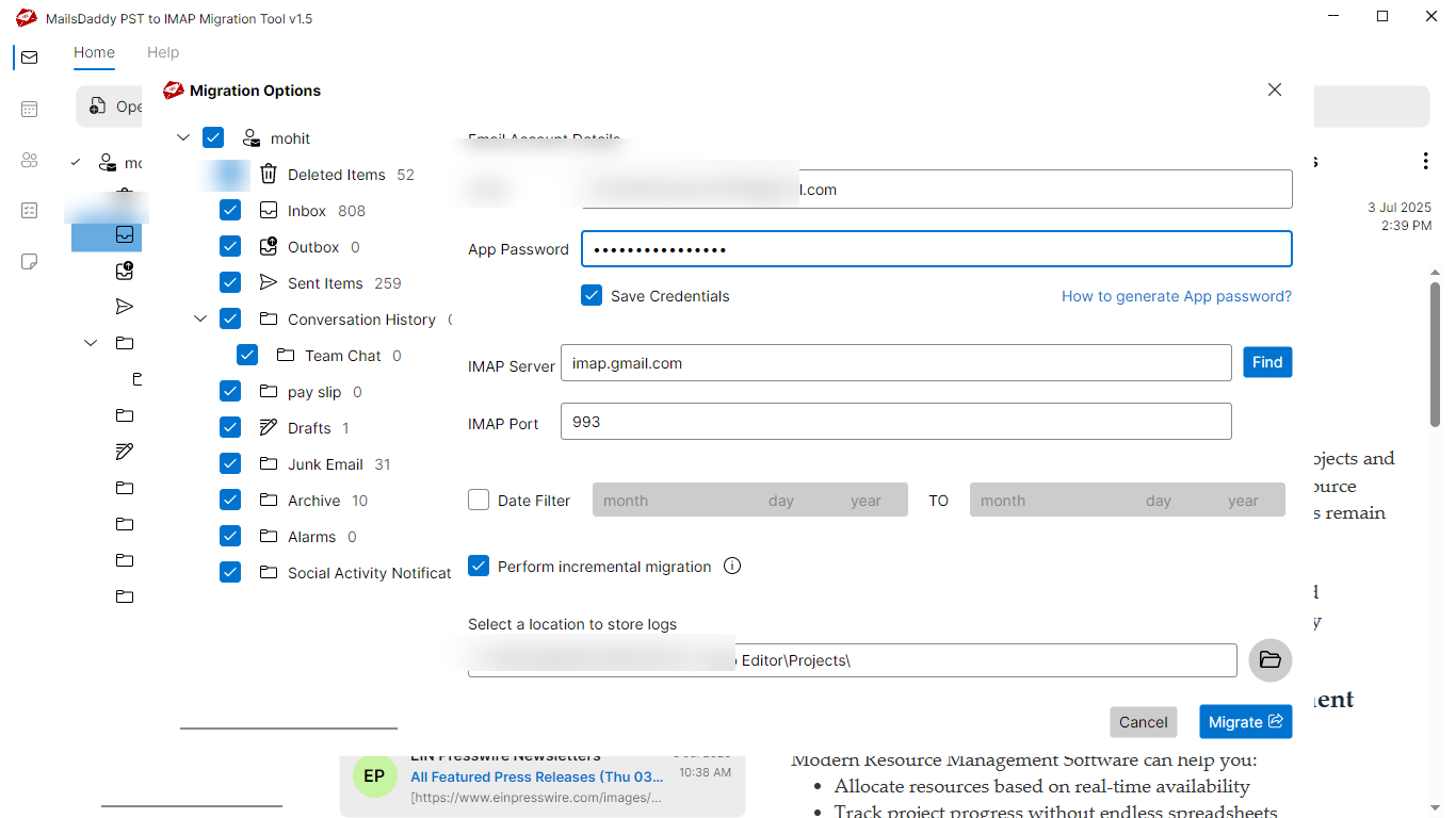 Step 03: Select export options — MailsDaddy PST to IMAP Migration Tool