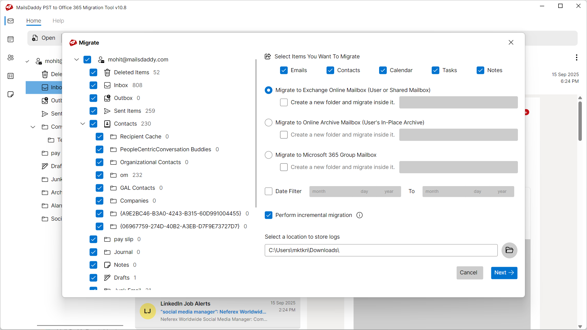 Step 03: Select export options — MailsDaddy PST to Office 365 Migration