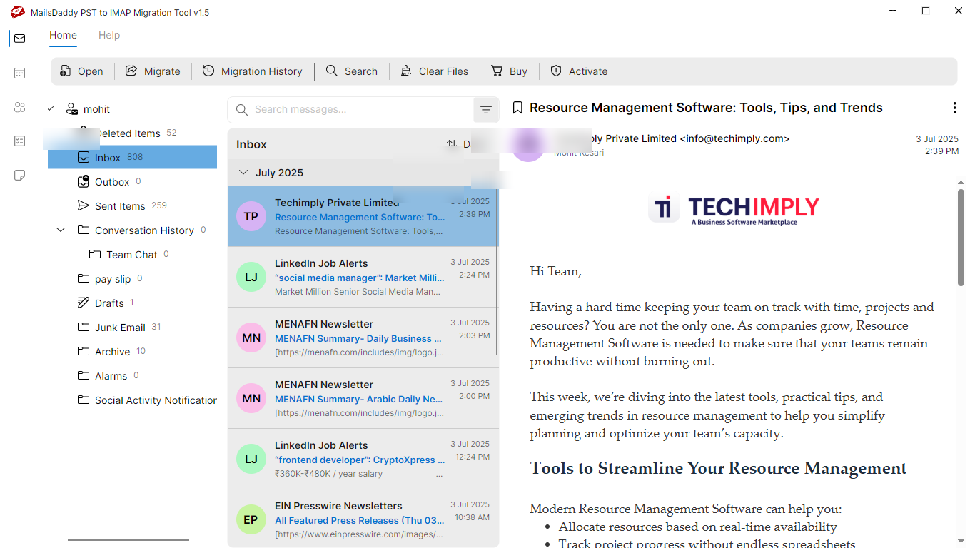 Step 02: Preview file data — MailsDaddy PST to Yandex Mail Migration Tool