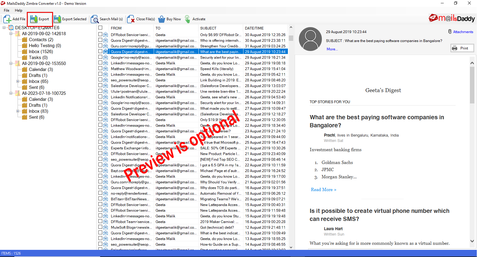 Step 02: Load & preview the data — MailsDaddy Zimbra Converter