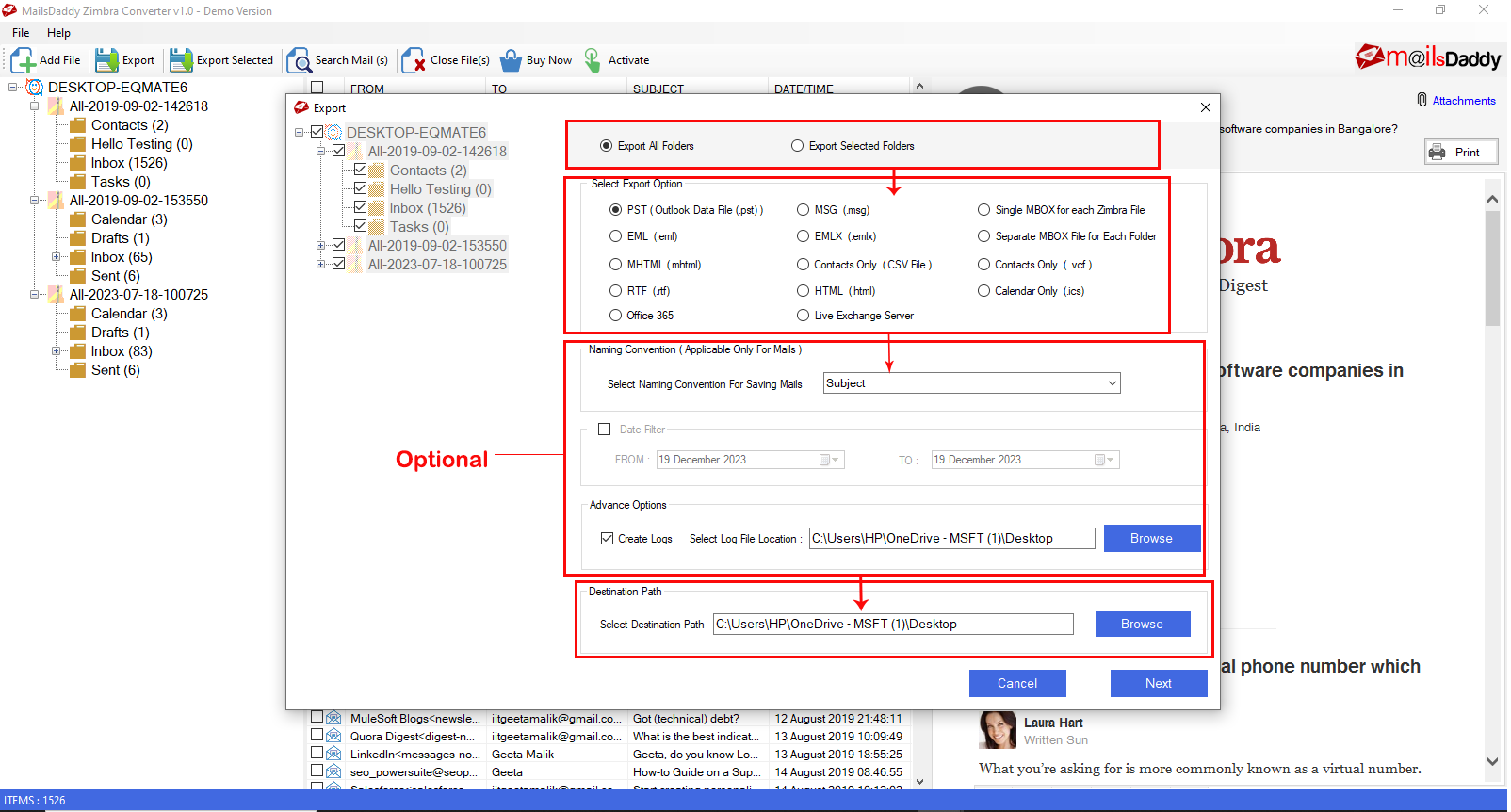 Step 03: Select export options — MailsDaddy Zimbra Converter