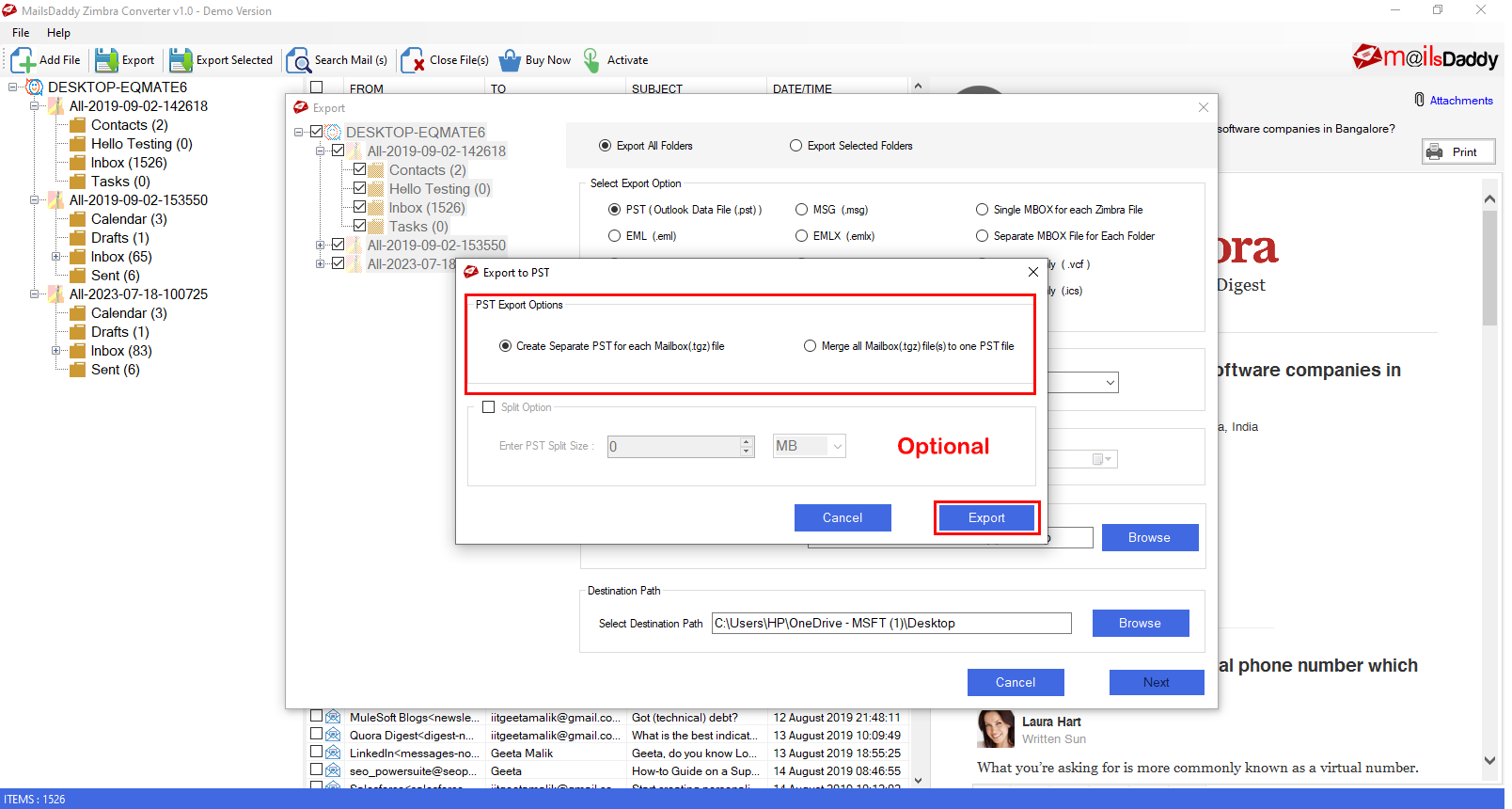 Step 04: Start the export — MailsDaddy Zimbra Converter