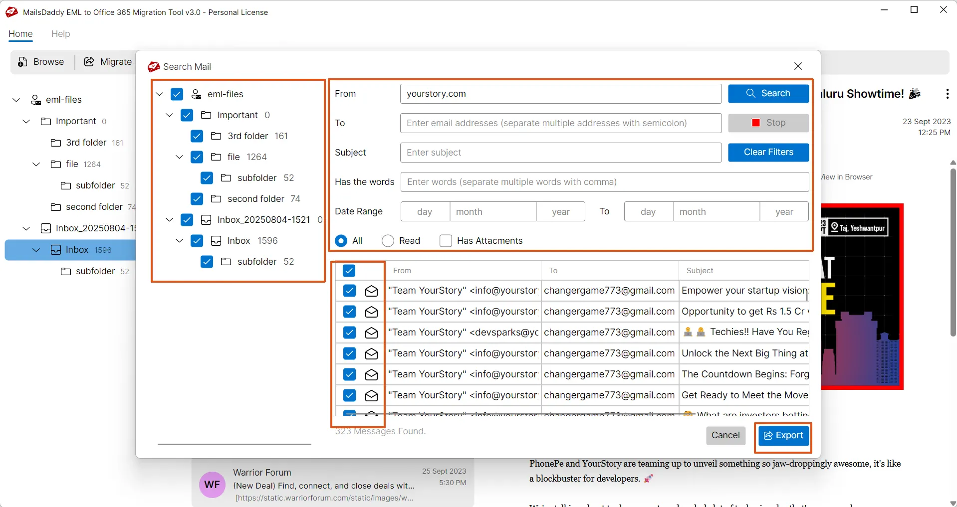 search and export filter