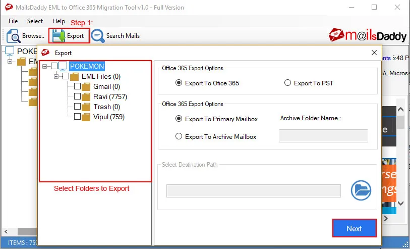click next and export eml to outlook 365