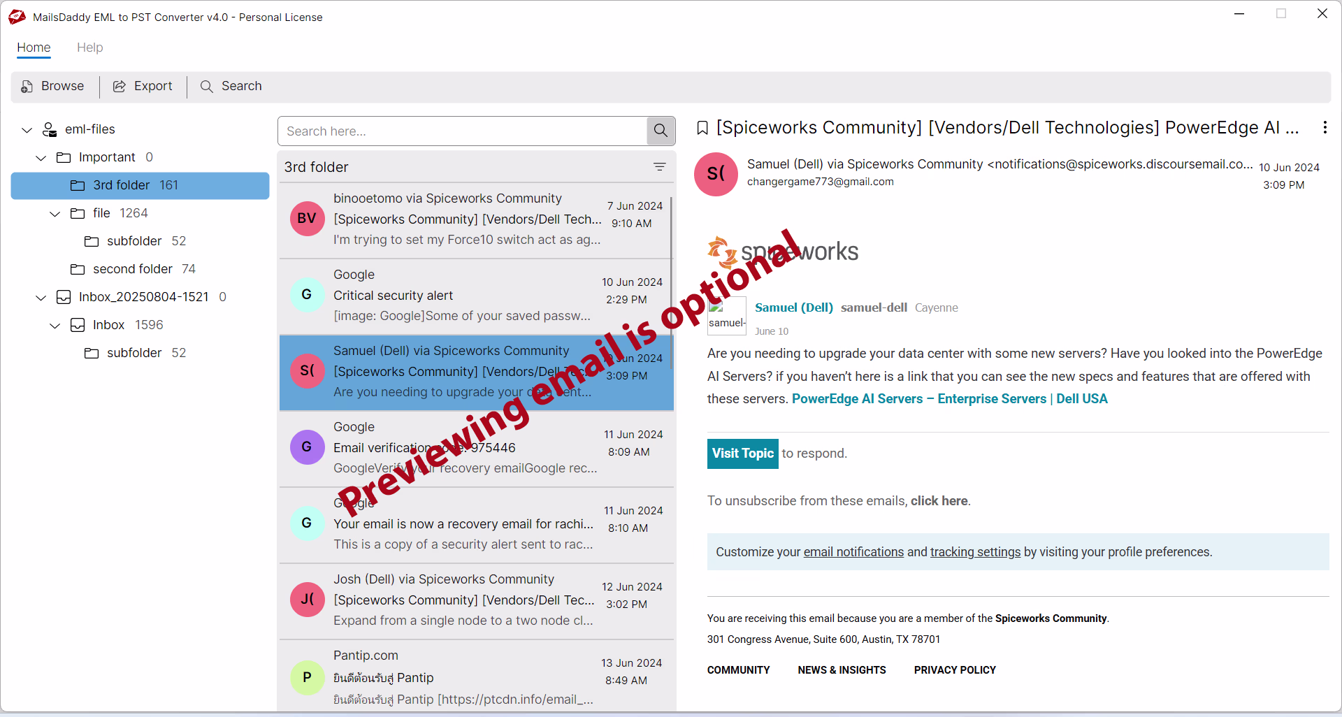 Preview EML mailbox data