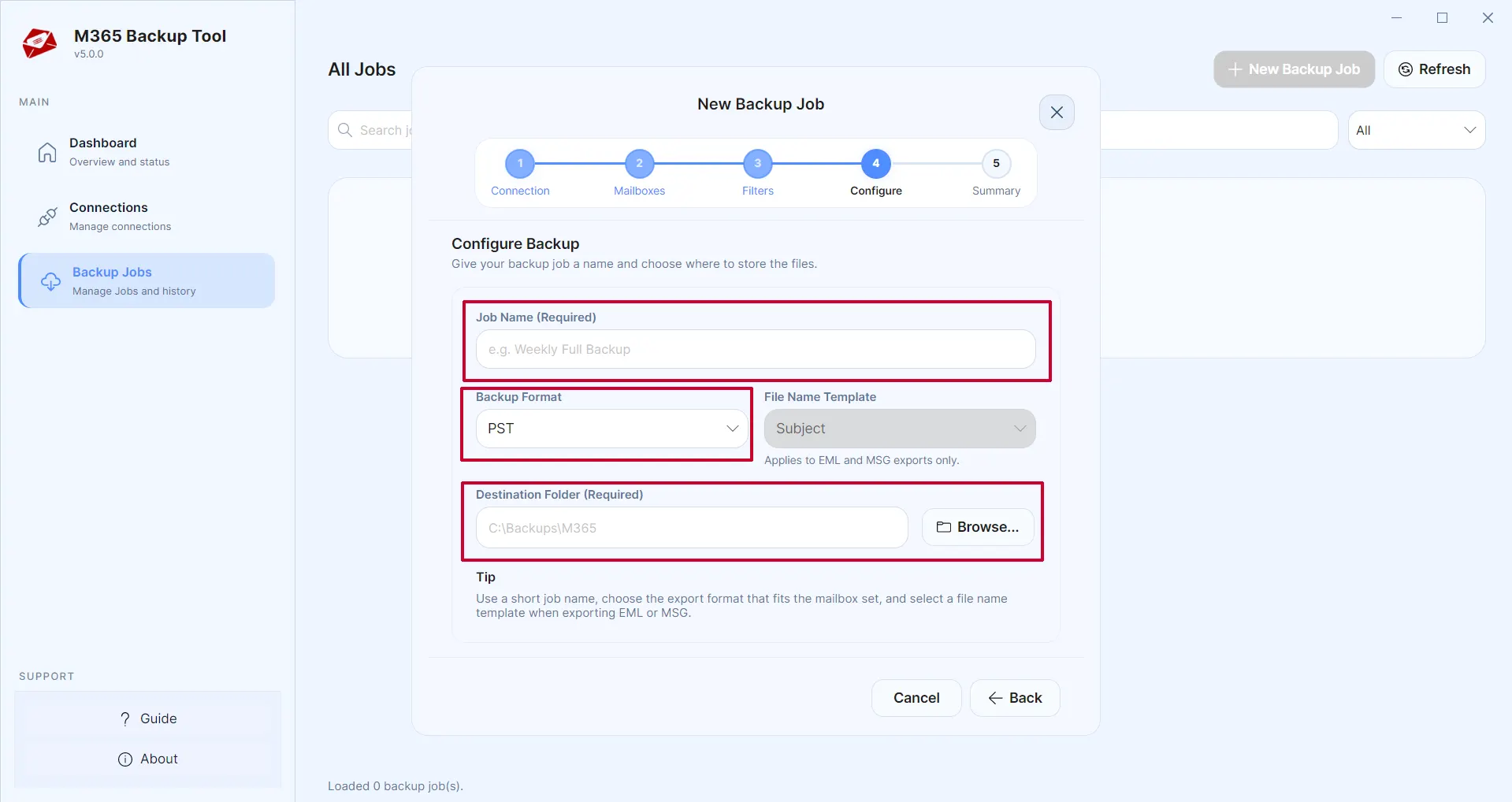 Enter job name, select export format (PST, EML, MSG, MBOX), and specify destination