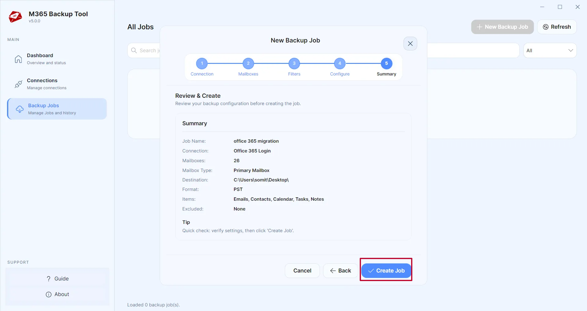 Review job details and click Create Job