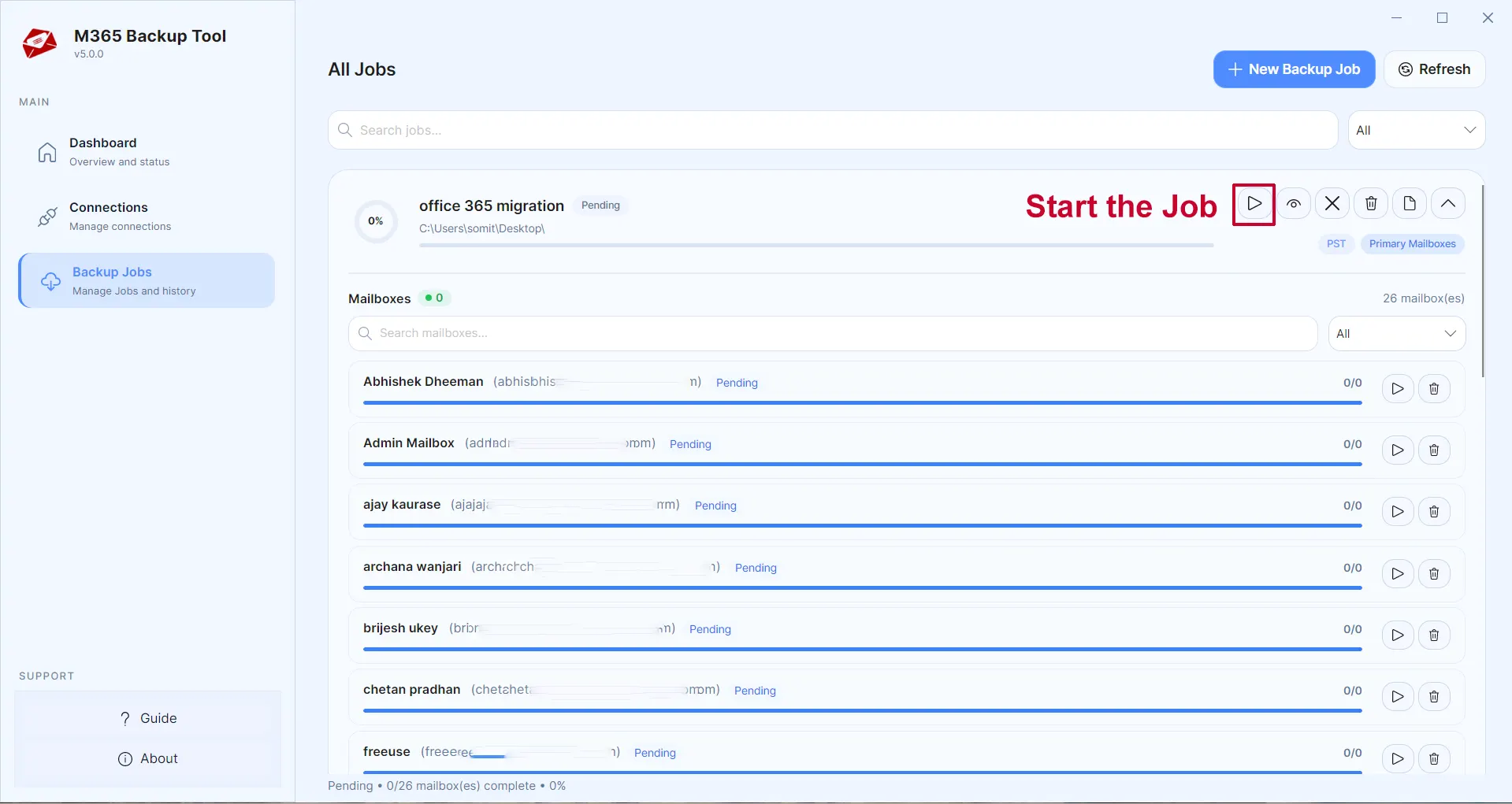 Start backup job and monitor mailbox progress (Screen 1)