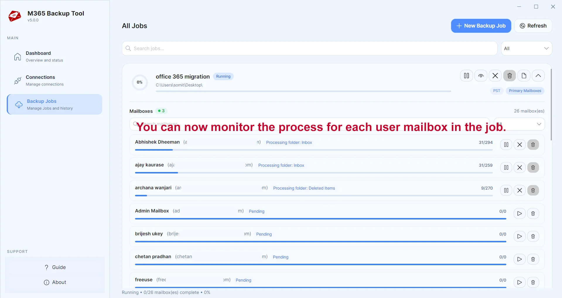 Start backup job and monitor mailbox progress (Screen 2)