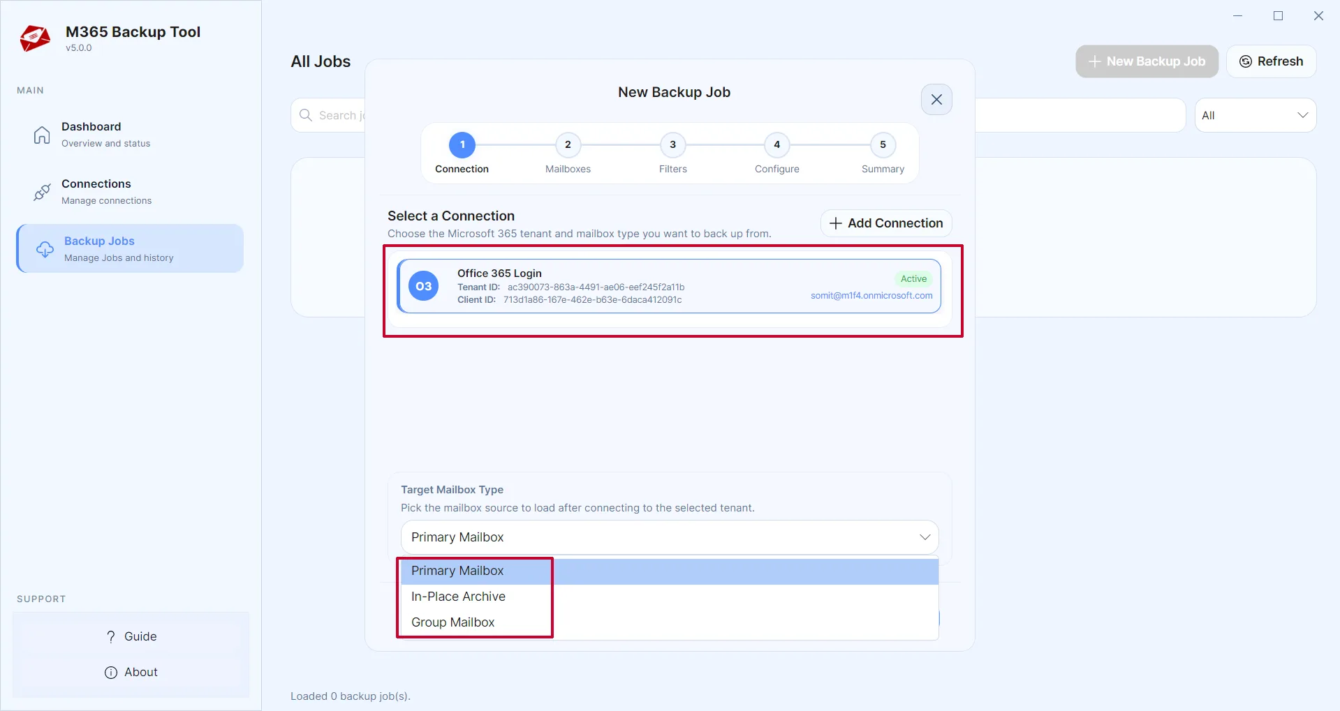 Select connection and mailbox type (Primary, In-place archive, or Group mailbox)