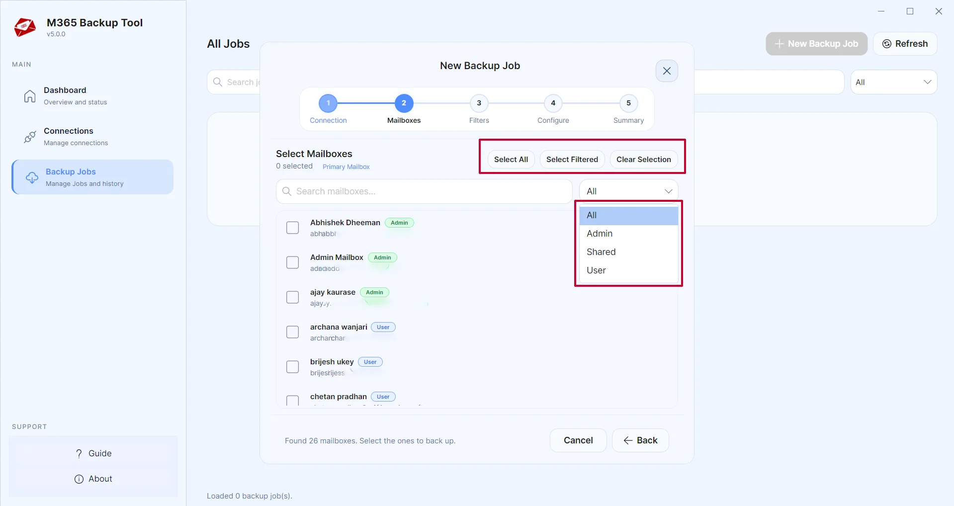Select user accounts and choose filters (Only Admins, Only Users, Shared mailbox)