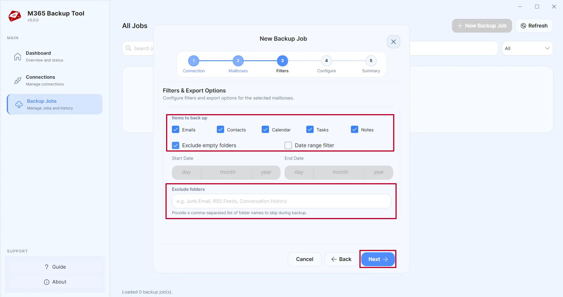 Select Email, Contact, Calendar, Task and optional date/folder filters