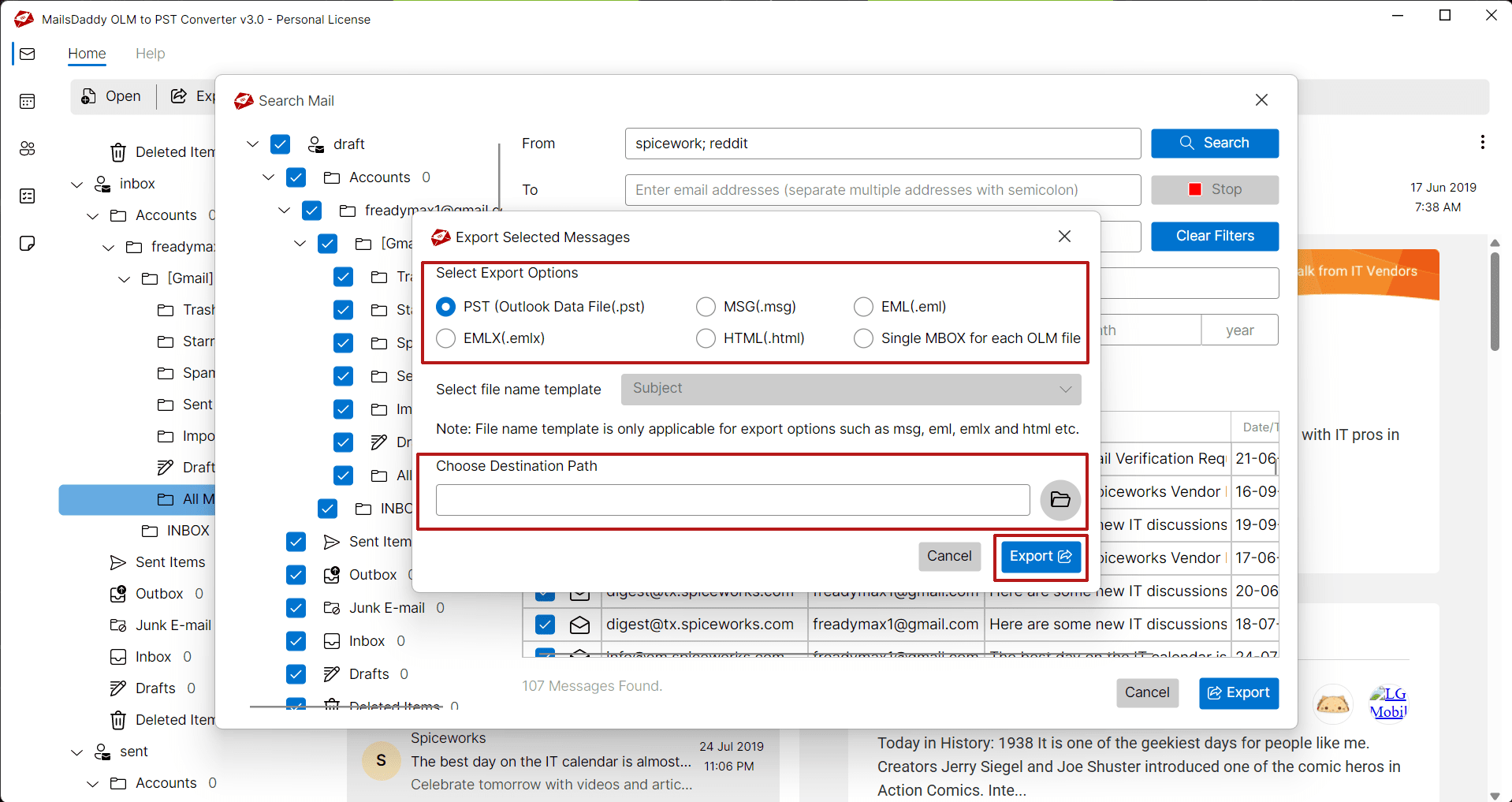 export selected data in PST format