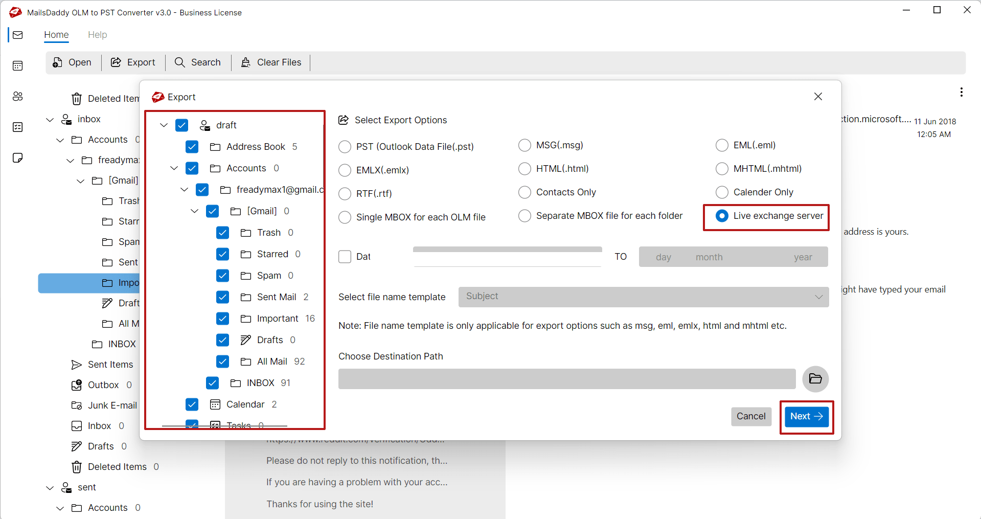 olm to live exchange server