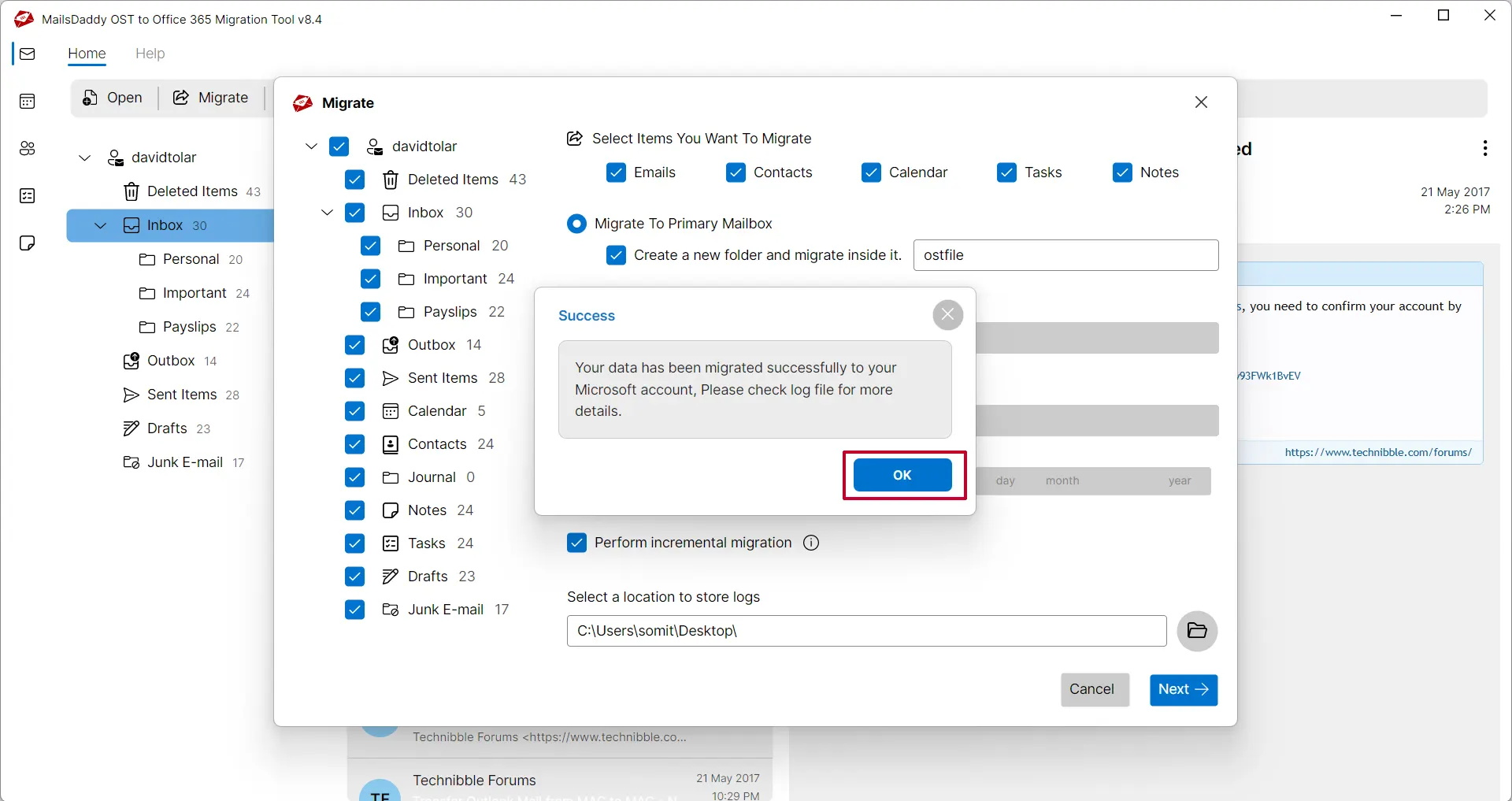 confirmation window
