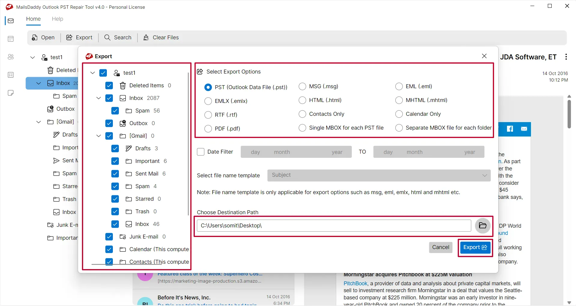 Choose Export Format and Destination